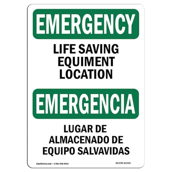 Safety Sign, OSHA EMERGENCY, 18" Height, Life Saving Equipment Location Bilingual, Landscape